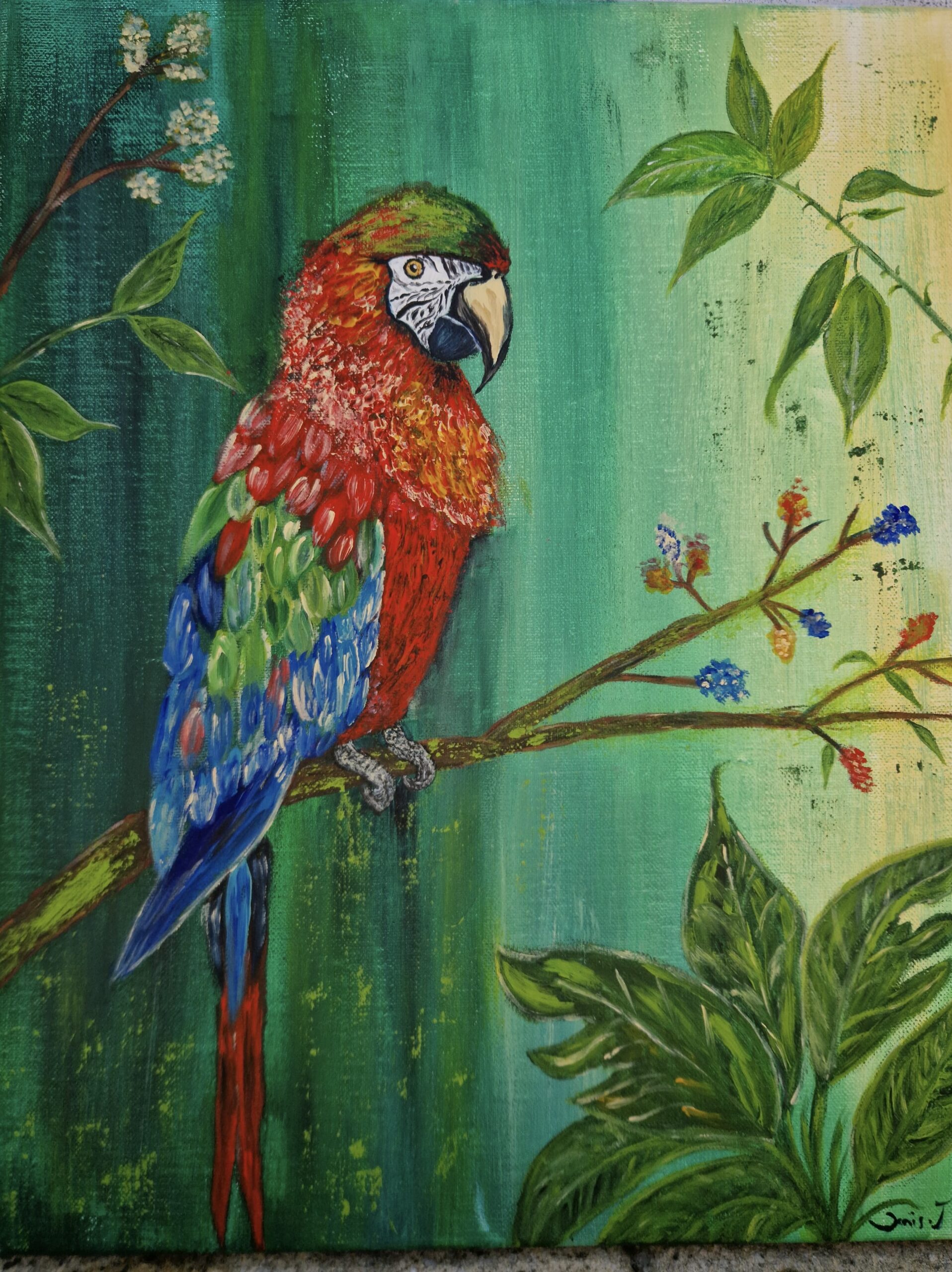 perroquet sur fond vert et feuilles