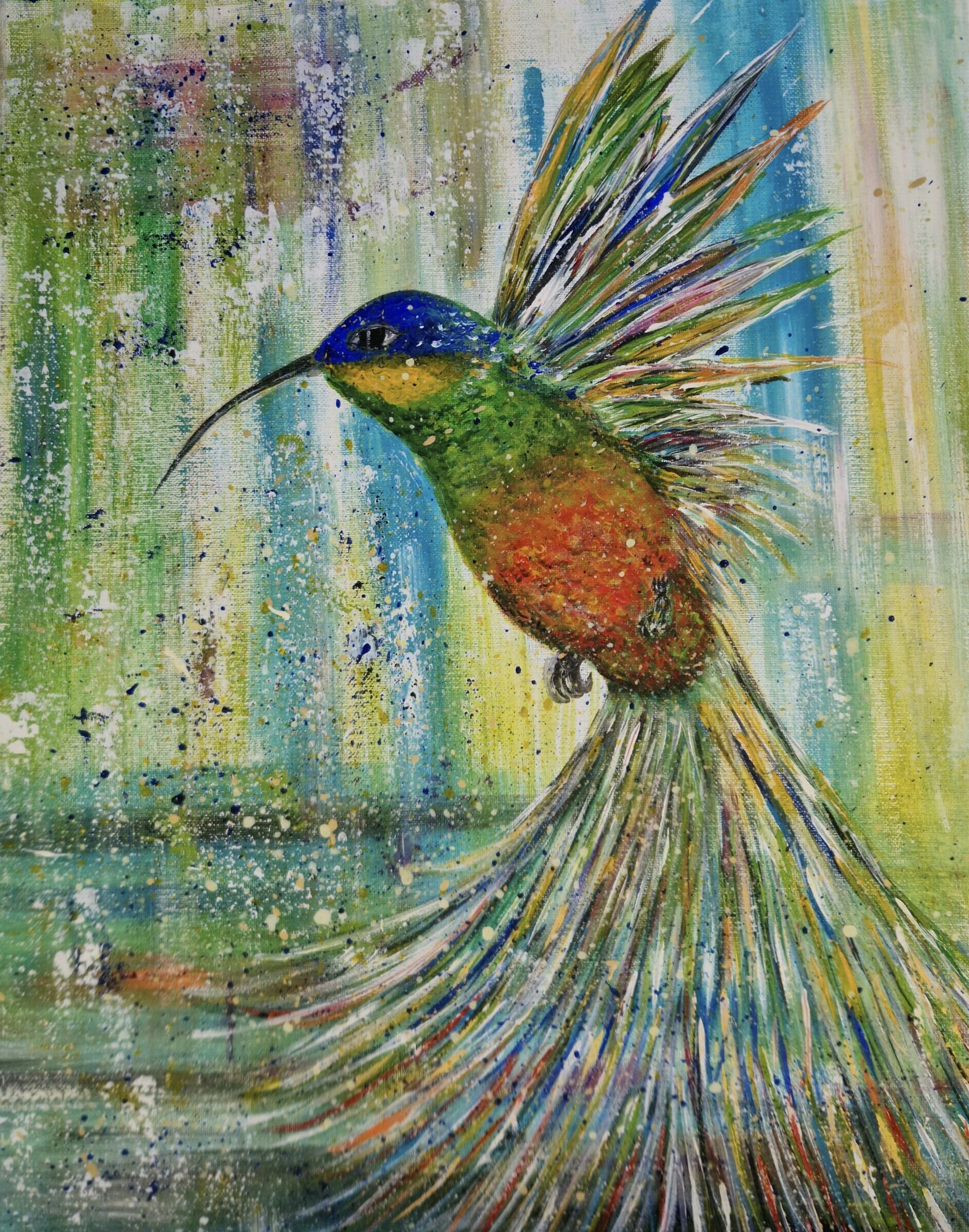 colibri sur un fond multicolore