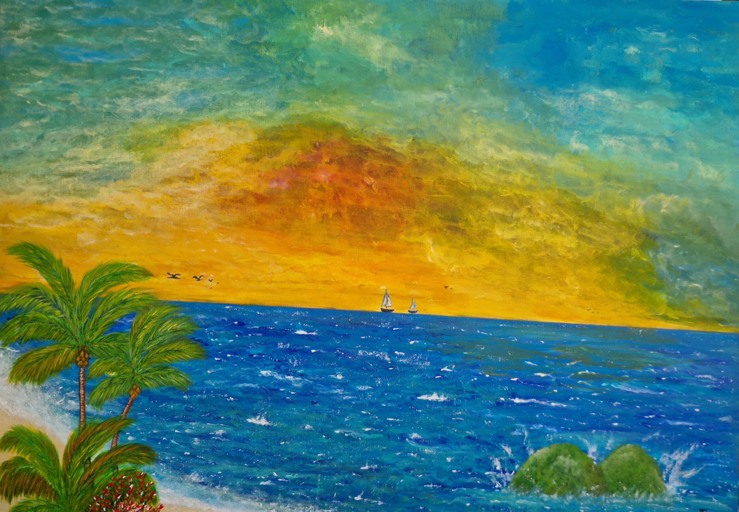 paysage mer bleu et cocotiers