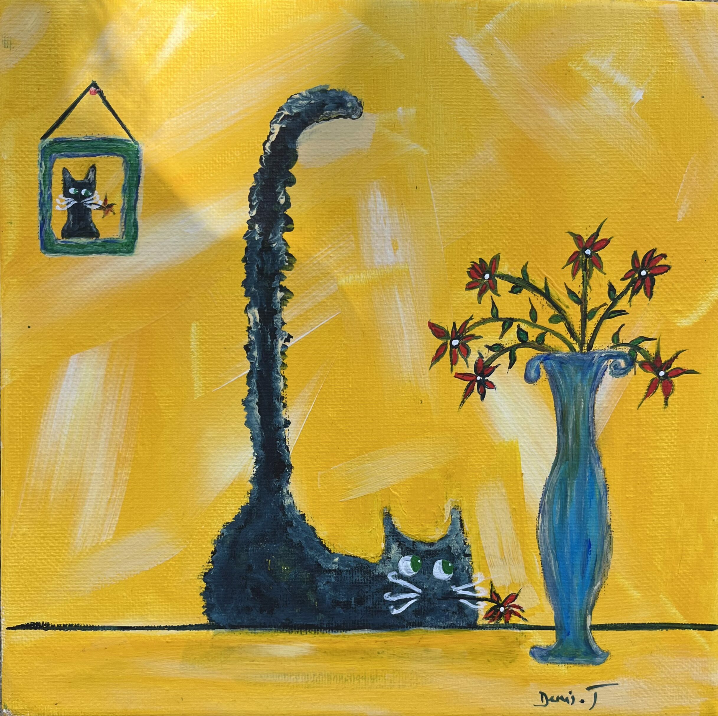 Un chat noir sur un fond jaune