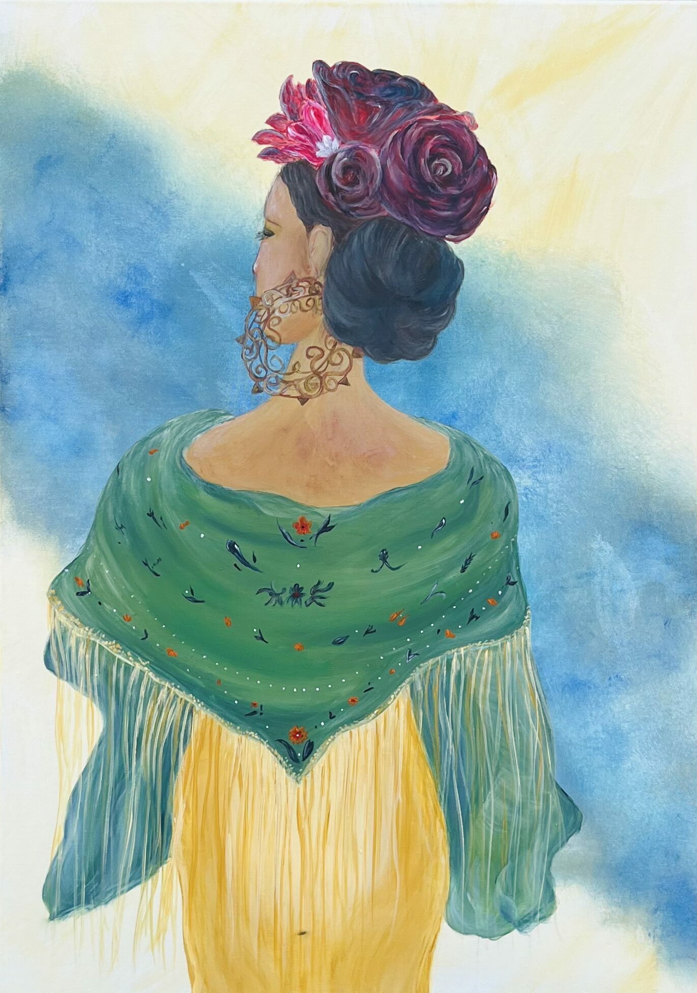 Femme sur fond bleu et beige