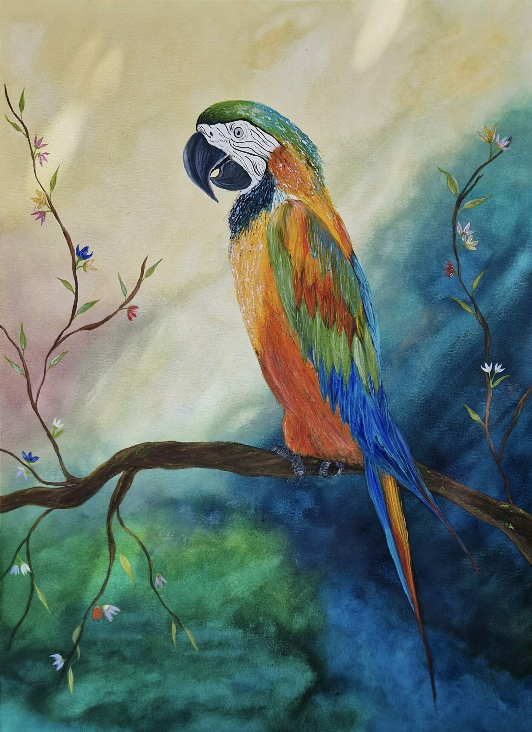 Un perroquet coloré sur fond marbré